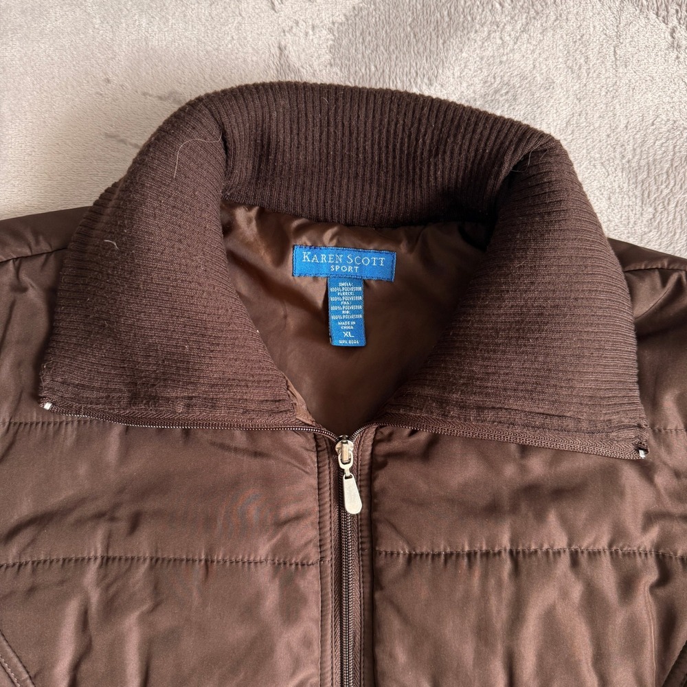 Karen Scott Sport Womens XL Brown Quilted Puffer Fleece Mixed Media Jacket Zip - Picture 3 of 6